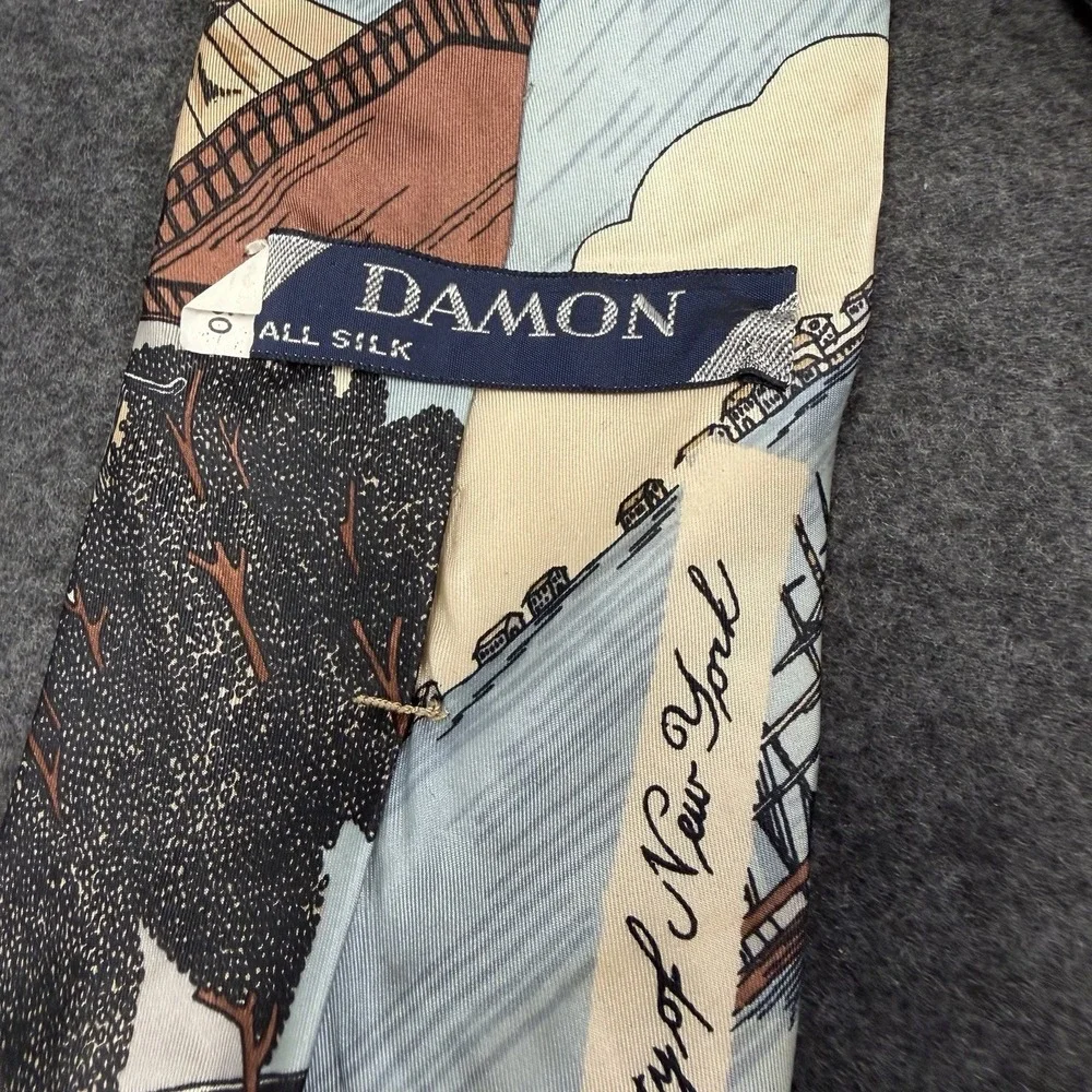 Vintage Damon All Silk Men's Necktie Nautical Americana Landscape Pattern